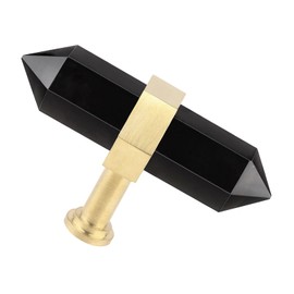 Amogeeli 2pcs Faceted Black Obsidian Stone Cabinet Knobs with Screws, T Bar Brushed Brass Decorative Crystal Drawer Pull Handles Set for Closet Dresser Cupboard