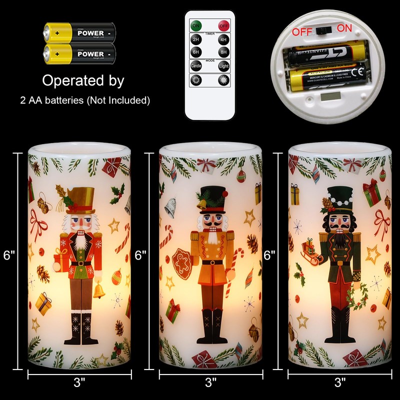 Lasumora Christmas Nutcracker Flameless Pillar Candles with Remote Timer, LED