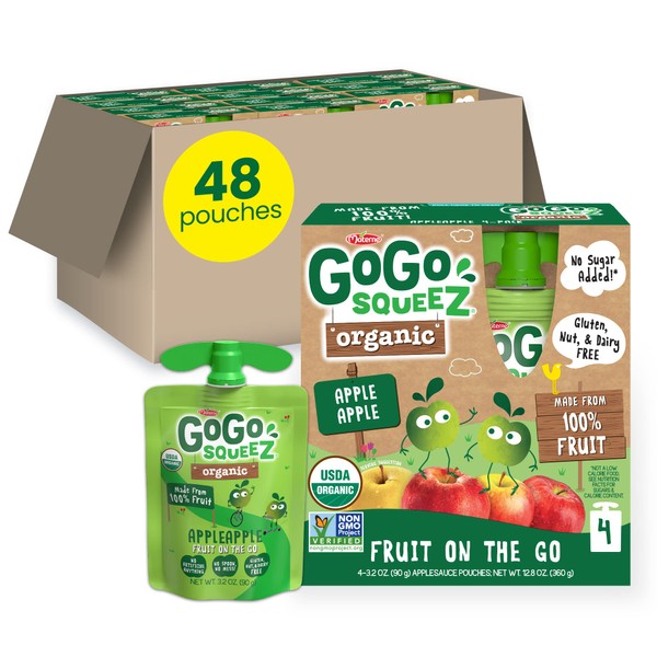 GoGo squeeZ Fruit on the Go Organic, Apple Apple, 3.2 oz (Pack of 48), Unsweetened Organic Fruit Snacks for Kids, Gluten Free, Nut Free and Dairy Free, Recloseable Cap, BPA Free Pouches