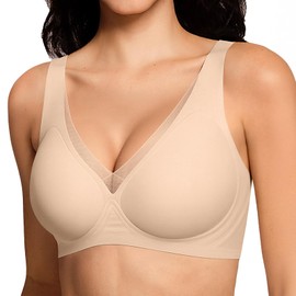 LetsJoli Deep V Mesh Wireless Bras for Women No Underwear Seamless Push Up Comfortable Tshirt Bralettes Everyday Bra(Nude,L)