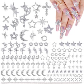 Sinyanail 131PCS Metal Moon Star Nail Charms, Silver Star Moon Chain Cross Alloy Nail Art Accessories White Rhinestones and Gems for Women's Manicure Making DIY Crafts (131pcs Silver)