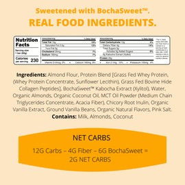 BochaSweet Keto Protein Bar, Vanilla Almond Crunch BochaBar, 20g Grass Fed Collagen, Low Carb, Keto-Friendly, Gluten Free, 4 Count