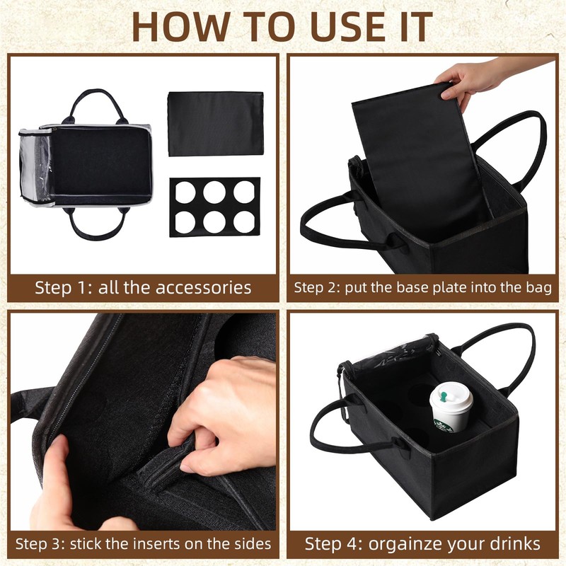 Cskunxia Portable Drink Carrier, 6-Cup Holder with Handle, black