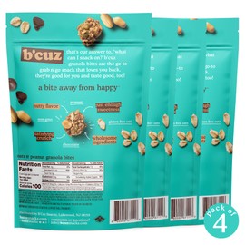 B'cuz Granola Bites 4-Bag Gluten Free Healthy Snacks for adults, Healthy Granola Gluten Free Snack - Kosher Snacks for Kids, Vegan Snack - 3 oz Oats 'n Peanuts (Pack of 4)