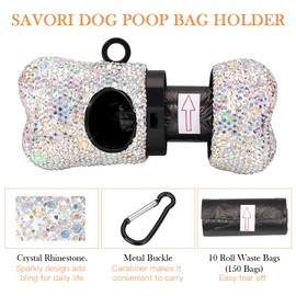 SAVORI Dog Poop Bag Holder Bling Rhinestone Poop Bag Leash Dispenser for Pet Dog Doggy Waste Bags with Metal Carabiner Clip Includes 10 Roll 150 Bags (AB)