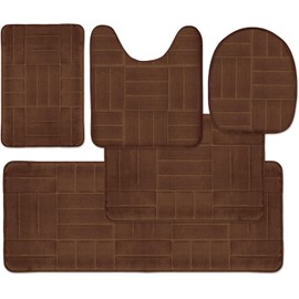 5 Piece Bathroom Rugs Set - Soft Non Slip Memory Foam Large Mats - Perfect Combination of Luxury and Comfort (Brown/Line Design, 5 Piece Set)