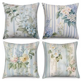 ASDCXZ Flowers Cushion Cover 40 x 40 cm Set of 4 Retro Stripes Blue Yellow Rose Flowers Leaves Sofa Decorative Cushion Covers Washable Polyester Flax Textile Outdoor Pillowcase Cushion Cover