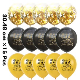 GoldRock New Year's Eve Decoration 2025 Balloons, 15 Pieces Happy New Year Balloons, New Year's Eve Decoration 2025 Party Set, Black Gold, Decoration New Year's Eve Party 2025, New Year's Eve Table