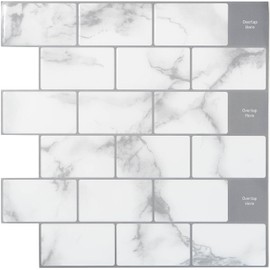 Dream Sticker SUB-08 Subway Tile Sticker Metro Tile Sheet Mosaic Tile Sheet Kitchen Heat Resistant Waterproof Removable SUB-08 (White Marble x Gray, 1 Sheet)