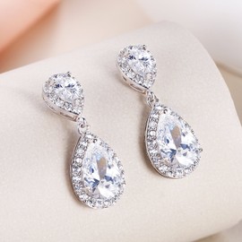 EVER FAITH Ladies Full Cubic Zirconia Wedding Bridal 2 Teardrop Earrings Silver Tone, Cubic Zirconia, Cubic Zirconia
