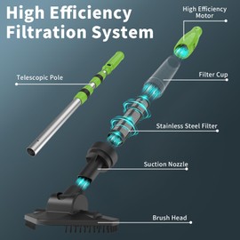 Poolergetic Cordless Rechargeable Pool Vacuum, Handheld Pool Cleaner with Telescopic Pole for Hot Tubs, Spas, Above Ground and Inground Pools Cleaning for Sand and Debris, Green