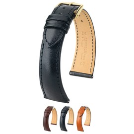 Hirsch Siena Leather Watch Strap - Black - M - 18mm / 16mm - Shiny Gold Buckle - Artisan Calf Leather Band