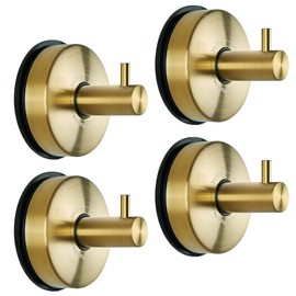 YOHOM Suction Cup Hooks for Shower Gold Towel Holder Stainless Steel Vacuum Bathroom Shower Hook Suction Washcloth Hanger Kitchen Towel Rack for Robe Loofah Wreath Glass Door Window Wall Brushed 4Pcs