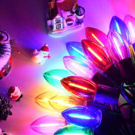 PASUTO C9 Multicolor Chritsmas Lights Outdoor, 20Ft Vintage String Lights with 22 Colorful LED Plastic Clear Bulbs(2 Spare), Hanging String Lights for Roofline Christmas Tree Decorations, Green Wire