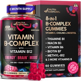 Vitamin B-Complex Gummies for Women & Men - Vitamin B12, B1, B2, B3, B5, B6, B7 & B9 - B Complex with Vitamin C & Choline - Energy, Brain & Mood - Natural Berry Flavor, Vegan - 60 Gummies for 2 Months