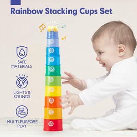 hahaland Rainbow Stacking Cups 10 Pcs Toys for 1 Year Old Girls Boys Toddler Toys with Lights Sounds Number Nesting Stacking Cups Educational Bath Baby Toys 12 18 Months 2 Year Old Girls Boys