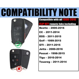 Pinochi (2 Pack) CR2032 Remote Key Fob Battery Compatible with Volkswagen VW Flip Key Shell Case Cover 1998-2016 Beetle CC EOS Golf GTI Jetta Passat Touareg HLO 1J0 959 753 AM DC F S