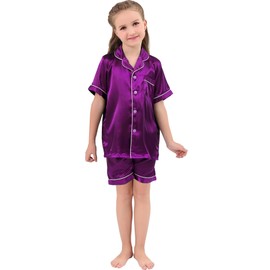 DF-deals Pajama Set for Kid Boy Girl Button-up Silk Pajama Sleepwear Nightwear Clothes Set Gifts for Kids Short Sleeve Loungewear Purple 160