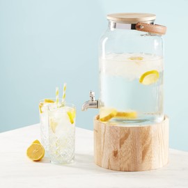 Navaris Glass Drinks Dispenser with Tap - 5.6L (1.5 Gallon) Beverage Dispenser with Wooden Stand and Stainless Steel Spigot - For Hot or Cold Drinks