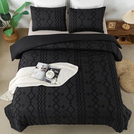 Andency Black Tufted Comforter Set Queen(90x90Inch), 3 Pieces(1 Tufts Comforter, 2 Pillowcases) Boho Textured Farmhouse Bed Set, Microfiber Down Alternative Geometric Bedding