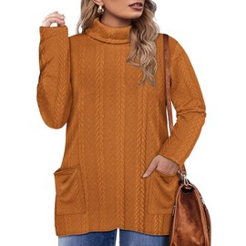 CARCOS Plus Size Sweaters for Women 1X Turtleneck Cable Knit Sweater Solid Long Sleeve Pullover Tops Fall Winter Casual Knitted Shirts with Pockets Loose Fit Brown XL 14W 16W