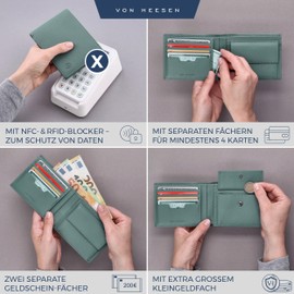 VON HEESEN Men's Leather Wallet with RFID Protection - Genuine Leather Wallet for Men - Women's Wallet, Turquoise (Silver Pine), Landscape Medium (Bifold)