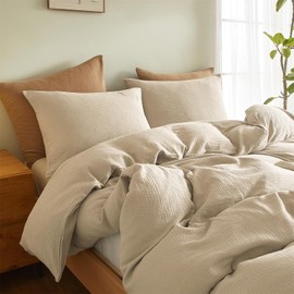 Boqingzhu Double Muslin Bed Linen Beige 135 x 200 cm Cotton Soft Cuddly Summer Cotton Bed Linen Set Linen Duvet Cover 135 x 200 cm and Pillowcase 80 x 80 cm with Zip