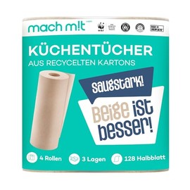 4 x 3-ply kitchen rolls, 128 half sheets per roll, free from bleach, made in Germany, made from recycled cardboard, extra absorbent and environmentally friendly, recyclable, kitchen paper, make m!t PURE
