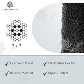 Laureola Industries 3/32" to 3/16" Nylon-6 Coated Black Opaque Color Galvanized Cable 7x7 Strand Wire Rope for Outdoor and Marine Use, Interior Design, Load-Bearing Tasks, DIY Projects, etc. - 100 ft