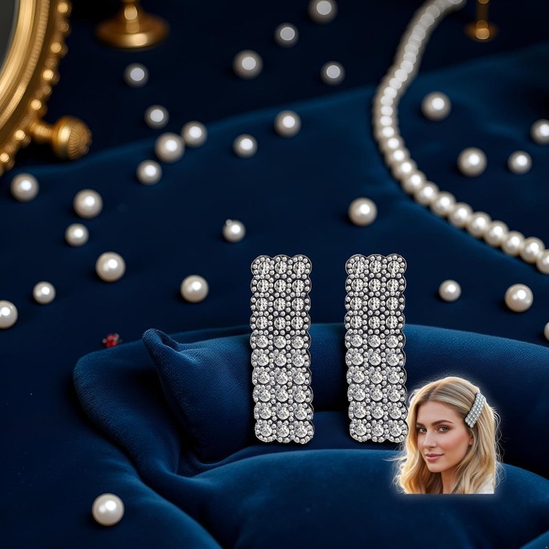 2 Pcs Silver Rhinestones Snap Hair Clips for Women Girls