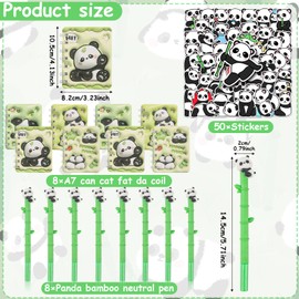 Panda Stationery Set, 8 Pieces Mini Notebook + 8 Pieces Cartoon Panda Gel Pens + 50 Pieces Stickers for Children, Cartoon Spiral Notebook Gel Pen Black, Panda School Office Supplies