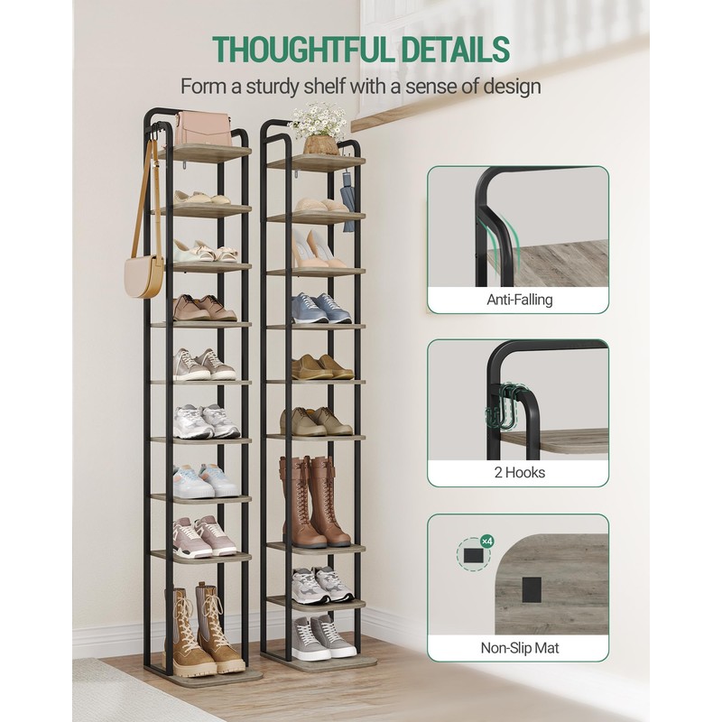10 Tiers Vertical Shoe Rack, Narrow Shoe Tower, Tall Shoes