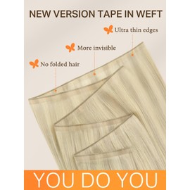 DOORES Weft Hair Extensions Human Hair Seamless Wide Tape, Ash Blonde Highlighted Platinum Blonde 18 Inch 50g, Invisible Genius Tape in Weft Extensions Remy