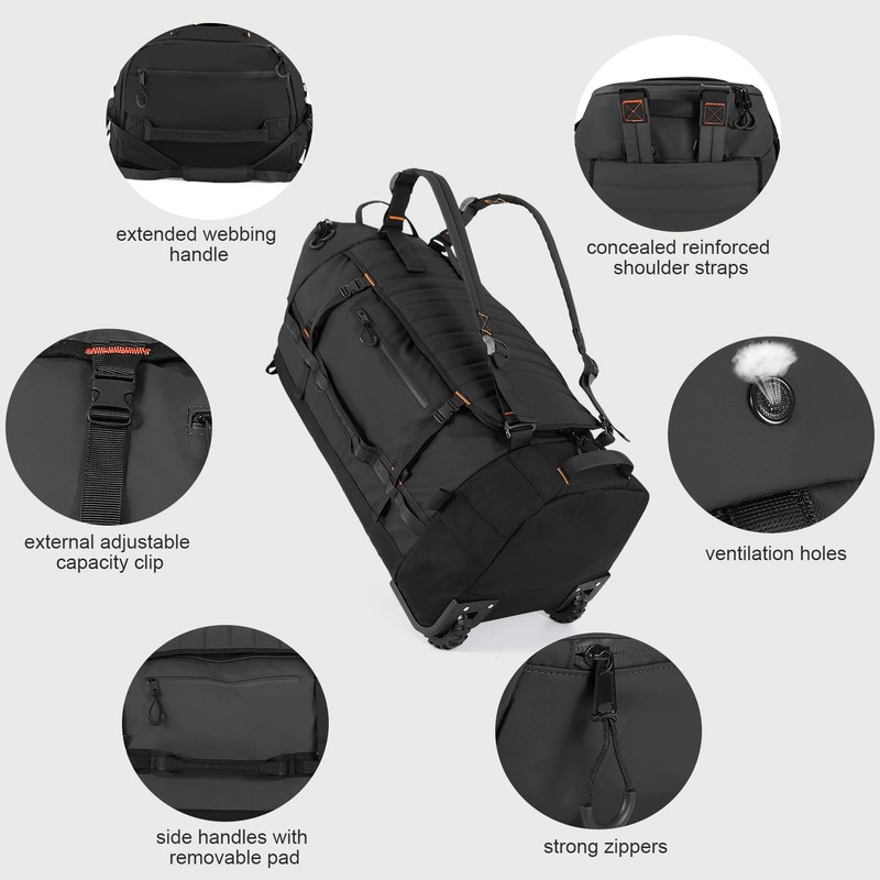 Romatime 29" 86L Rolling Duffle Bag, Foldable Large Waterproof Backpack