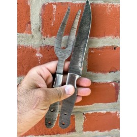 Aj Sanity Knives Custom Handmade Damascus Steel Steak knife & fork pair Chef Kitchen Dining Blank