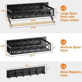Spice Racks Magnetic for Refrigerator, Magnetic Spice Shelves with Paper Holder, Moveable 6 Hook Rack, Magnetic Fridge Organizer Set(3Pack), BLACK