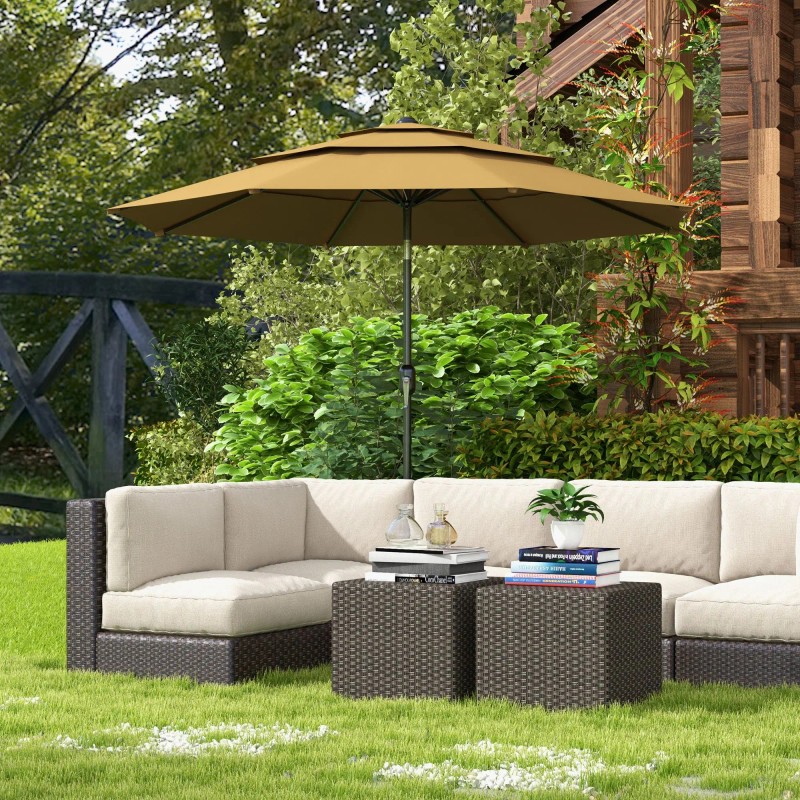 3 Tiers Tan 9FT Outdoor Patio Umbrella with Crank Push