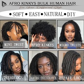 Haftaluv Afro Kinkys Bulk Human Hair 14 Inch 100g Nature Black Afro Kinky Curly Human Hair Bulk for Dreadlock Extensions, Micro Locs, Braiding Twists, Braids and Repair Locs(14 Inch, 1b#)