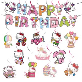 flag Cat Happy Birthday Banner for Girls,14PCS Pink Birthday Decorations Backdrop Kids Party Decorations Birthday Party Supplies with Bunting Garland and Hanging Swirls Cat Theme Birthday Party