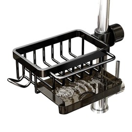 Solaceura Kitchen Sink Caddy Organizer,Equipped With A Drainage Tray Sponge Holder,Faucet Organizer Rack For Bathroom,Adjustable With Hooks, Suitable For Kitchen And Bathroom, Left Side