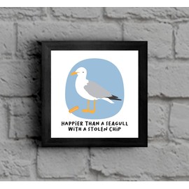 The Victorian Printing Co - Happier Than A Seagull With A Stolen Chip - Seaside Framed Print, Black Frame
