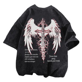 Lytiarul Vintage Goth Punk Shirts for Men Grunge Streetwear Oversized Tshirts Gothic Cross Y2k Graphic Tees Acid Wash T Shirt(Black,L)