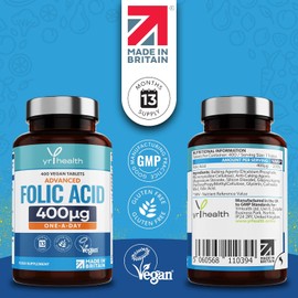 Folic Acid 400 mcg Tablets - 400 Vegan Vitamin B9 Tablets for Women, 13 Month Supply, Folic Acid Pregnancy for Normal Function of Immune System and Maternal Tissue Growth - Made in The UK by YrHealth