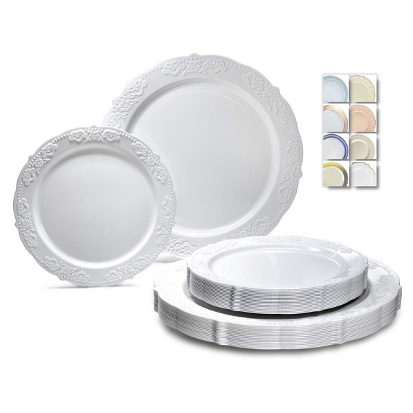 " OCCASIONS" 120 Plates Pack,(60 Guests) Vintage Wedding Party Disposable Plastic Plates Set -60 x 10.25'' Dinner + 60 x 7.5'' Salad/Dessert Plate (Portofino in Plain White)