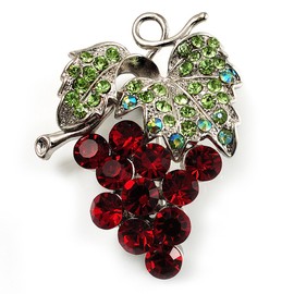 Diamante Bunch Of Grapes Brooch (Burgundy Red & Light Green, Silver Tone)