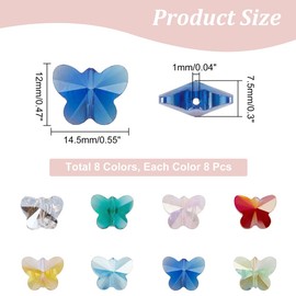 NBEADS 64 Pieces Crystal Butterfly Beads, 8 Colours, Electroplated Glass Beads, Butterfly Charms for DIY Jewellery Making and Home Textiles, Hole: 1 mm