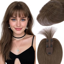 Hairro Human Hair Toppers For Women Wispy Air Bangs 3D Cover Remy Top Hair Pieces Clip On Wiglet Hair Extensions Handmade Toupee Hairpiece 10 Inch 36g #02 Dark Brown
