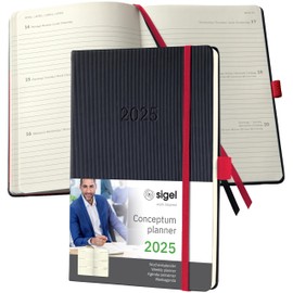 SIGEL C2508 Weekly Planner 2025, Approx. A5, Black, Red, Hard Cover, 192 Pages, Elastic Band, Pen Loop, Archive Pocket, Made from Sustainable Paper, Conceptum