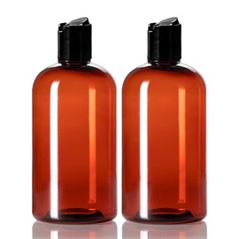 ljdeals 8 oz Amber Plastic Empty Bottles with Black Disc Top Caps, Refillable Containers for Shampoo, Lotions, Cream and More, BPA Free, Pack of 2, Made in USA