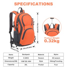 jianyana Backpack 20L Hiking Backpack Daypacks Waterproof Foldable Rucksack Lightweight Durable Travel for Camping Walking Cycling Outdoor Sports for Women Men